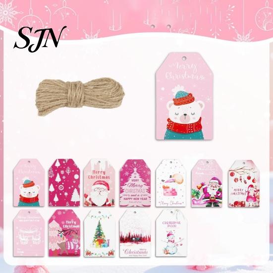 Christmas Party Favors 60 Pcs Paper Gift Tags, Pink Santa Snowman Hanging Labels Tags with Hemp Rope for Winter Holiday DIY Crafts, Present