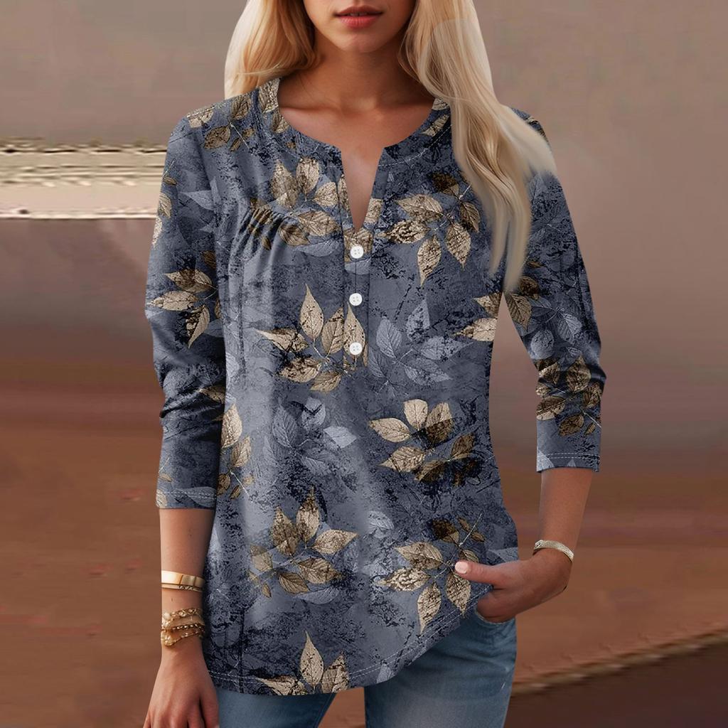 Женская мода повседневный топ с длинным рукавом и круглым вырезом с цветочным принтом
