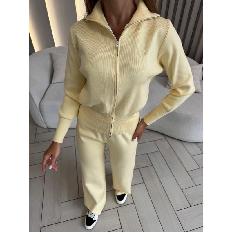 Womens Casual Knit 2-Piece Set Long Sleeve Zip-Up Collared Top Elastic Waist Pants