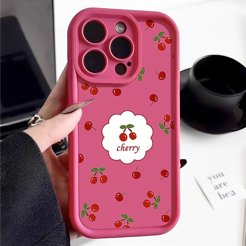 Для iPhone 16 Pro 15 14 Plus 13 12 Pro Max 11 Xs Xr 8 7 Cherry Pattern матовый ударопрочный мягкий TPU защита линз противоударный чехол конфетного цвета
