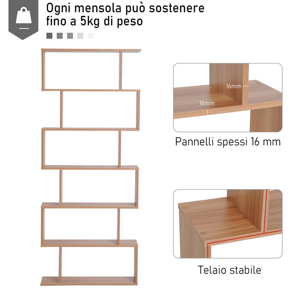 Bookcase, 6 Tier Shelf S Shaped Bookshelf, Storage Unit, Display Shelf for Living Room, Bedroom, Home Office, Plant, Maple