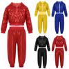 Kids Boys Girls Sparkly Sequins Long Sleeve Hip Hop Jazz Street Dance Costumes Long Sleeve Hooded Jacket Pants Set