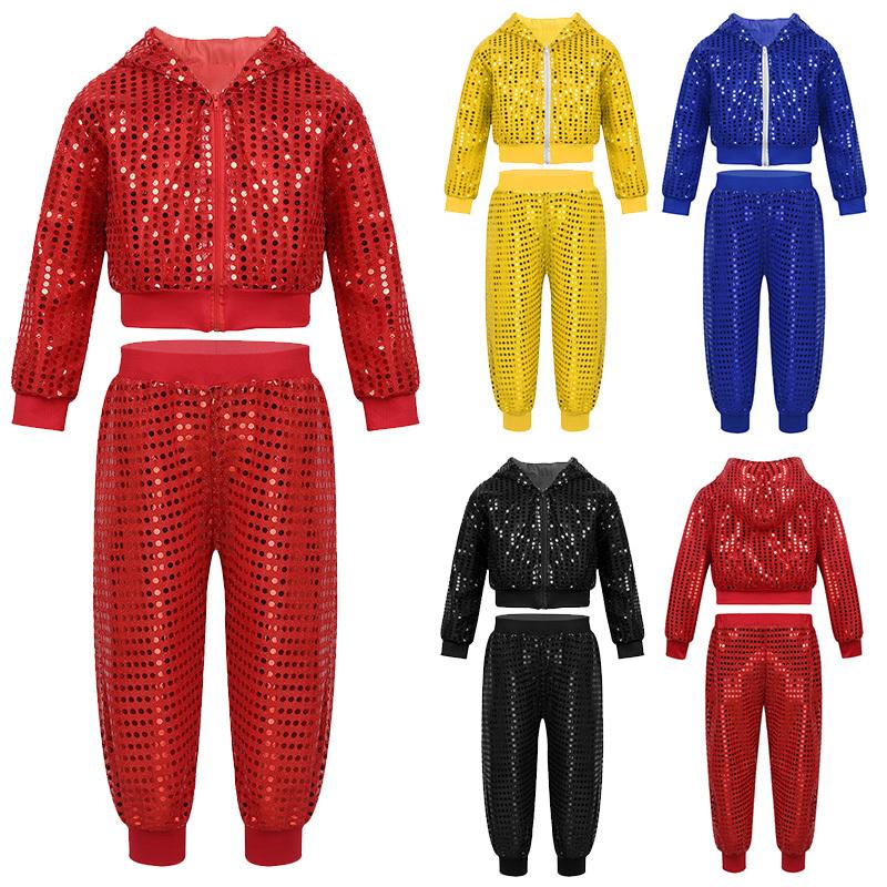 Kids Boys Girls Sparkly Sequins Long Sleeve Hip Hop Jazz Street Dance Costumes Long Sleeve Hooded Jacket Pants Set