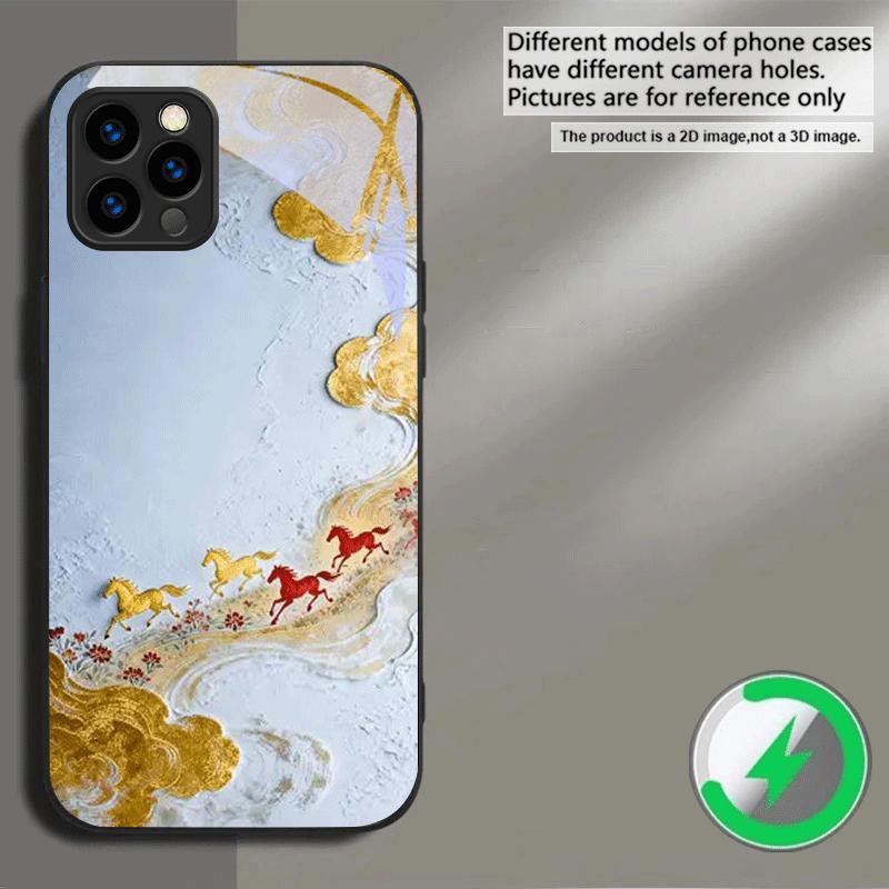 Золотой конь в галопе Подходит для iPhone 16E 17 Pro Max 15 Pro 14 13 Plus 12 mini 11 16 Air 17Pro магнитостойкий Стеклянный чехол для телефона