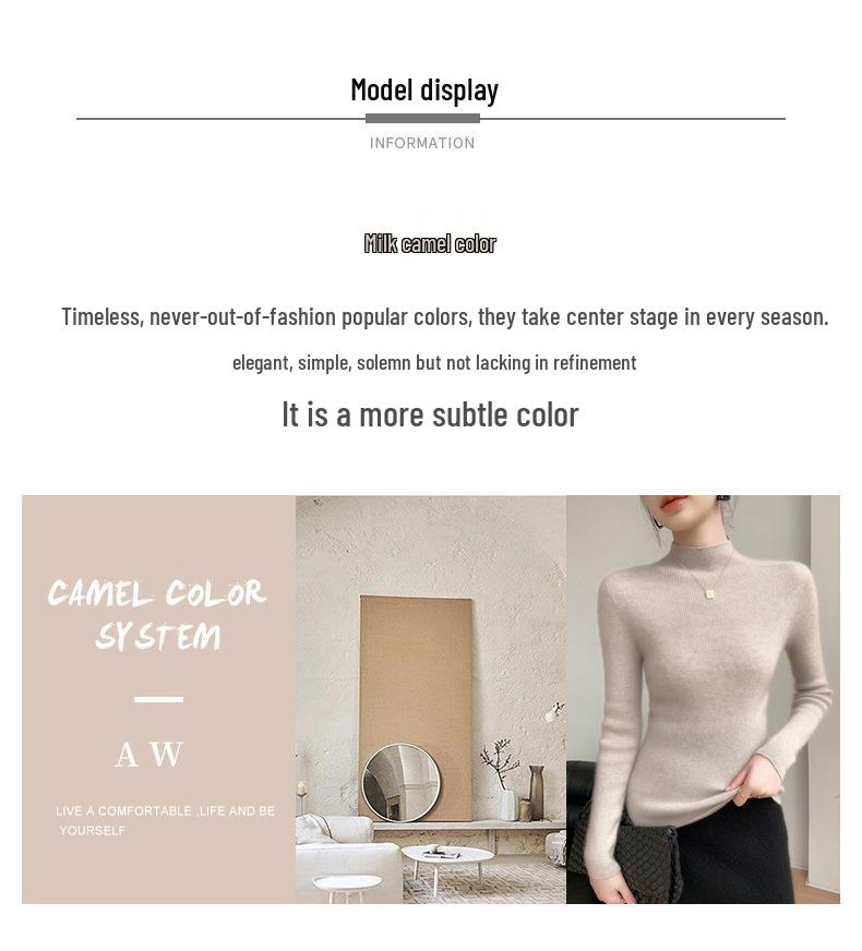 Women's Ribbed Cashmere Sweater: Half-High Neck, Slim-Fit, AW24 Collection, Warm Wool Knit Base Layer.