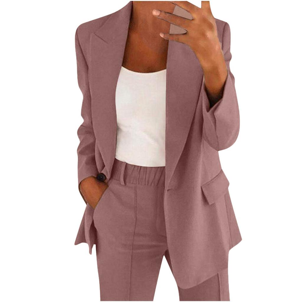 Women's Casual Long Sleeve Solid Color Lapel Cardigan Suit Jacket Pants Suit