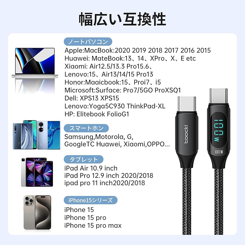Toocki Usb C Cable 100W 1M With LED Display [black] Type C Cable PD/QC Fast Charging Typec Nylon Knitting Data Transfer Phone 16/Phone 15/Phone Plus,