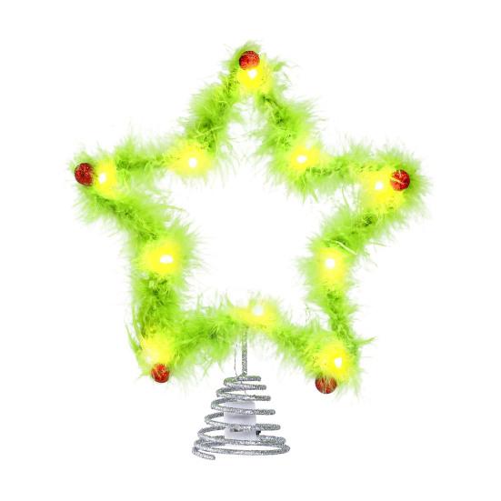 Furry Green Elf Tree Top Star 3D Plush Faux Fur Star Christmas Treetop Ornament with Red Balls for Xmas Tree Holiday Home Party Decor