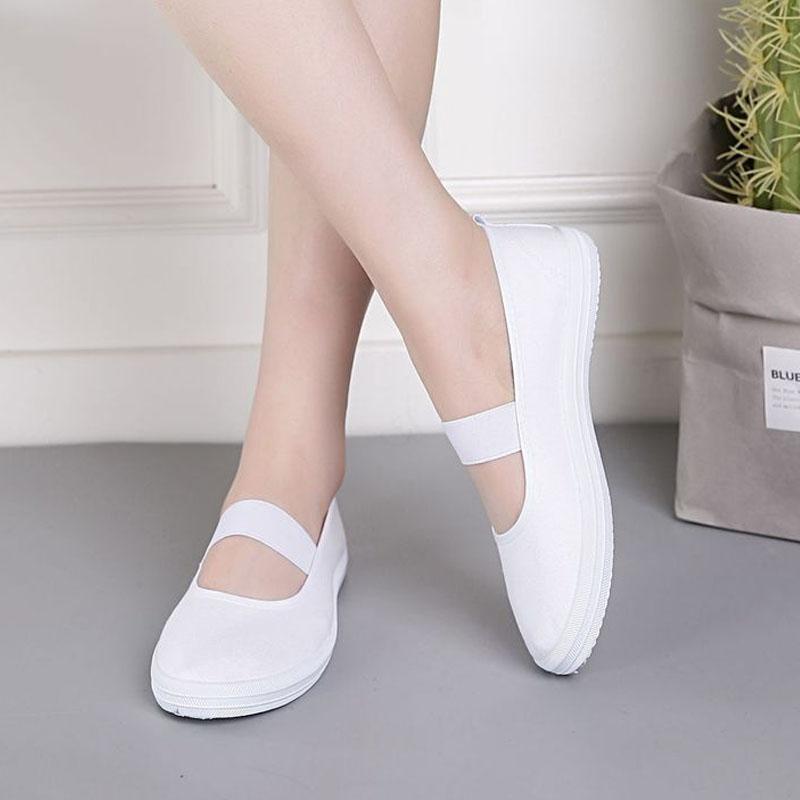 Женские балетки Белые парусиновые туфли Повседневная обувь на резинке Удобные кроссовки Нескользящая мягкая подошва Танцевальная обувь