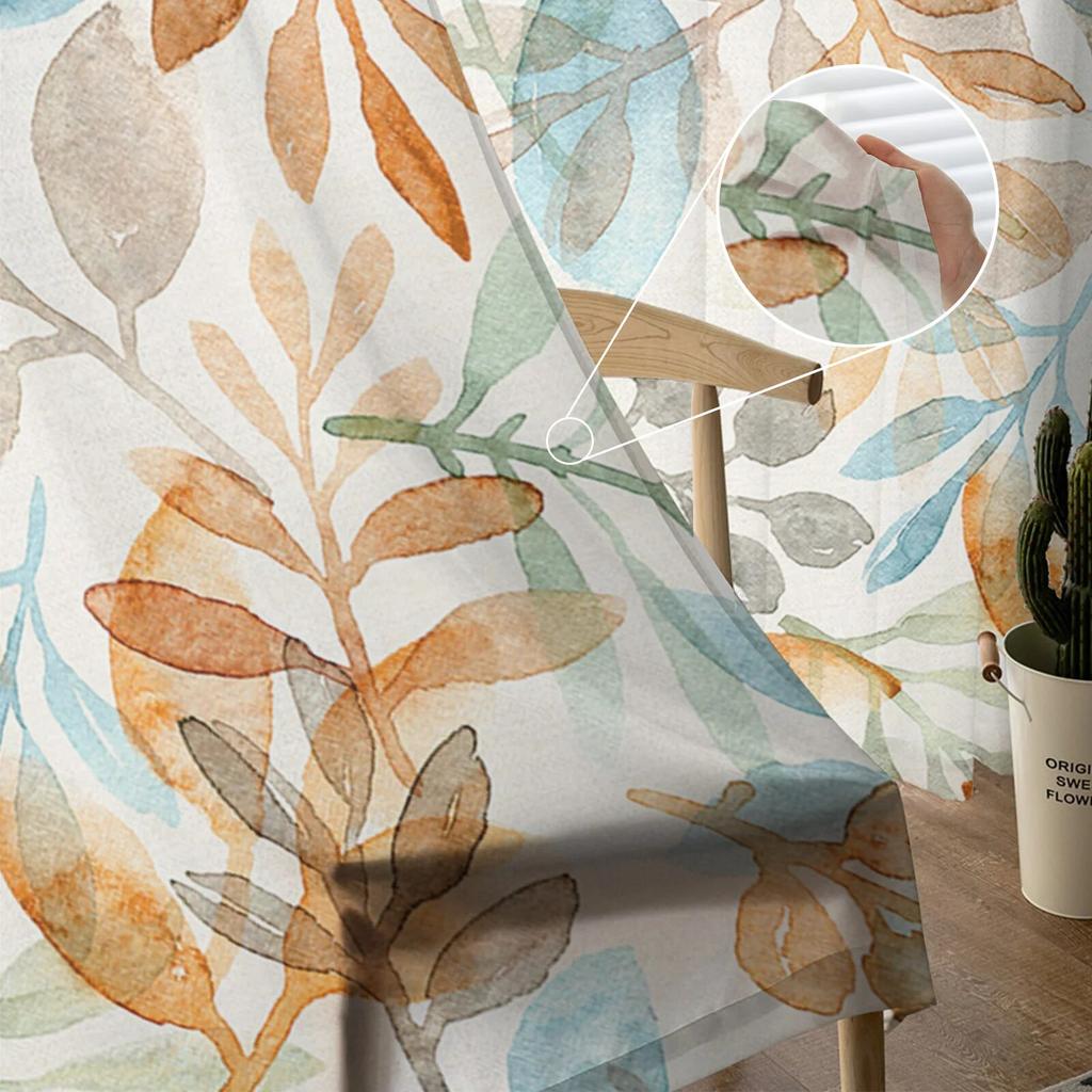Autumn Watercolor Hand-Painted Leaves Sheer Voile Window Curtains Tulle Curtains Living Room Balcony Decoration Drapes