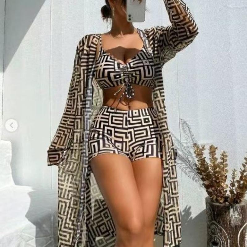 Новый европейский и американский женский раздельный купальник, блузка, трехкомпонентный, собирающий, пляжный, с высокой талией, бикини