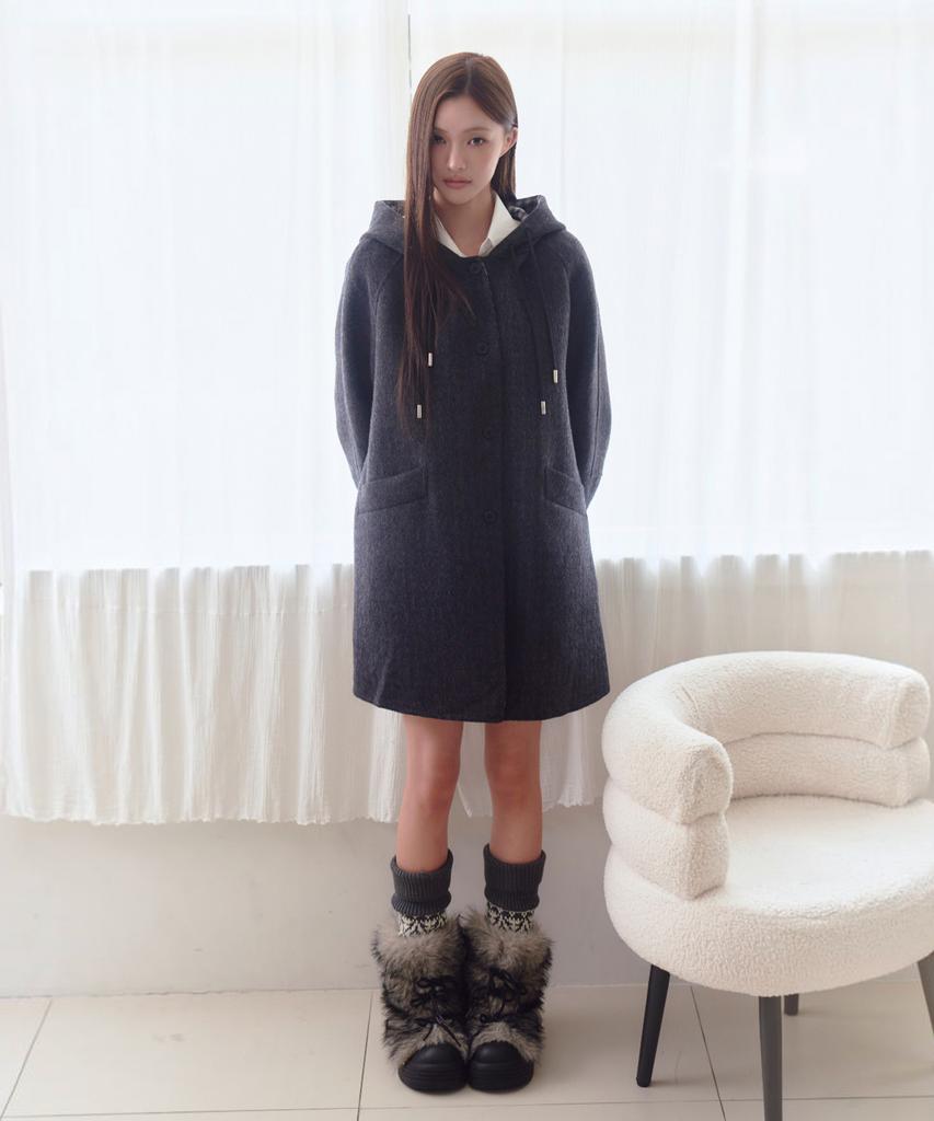 THE GREEN LAB Check Color Block Hooded Half Coat [Charcoal Gray]
