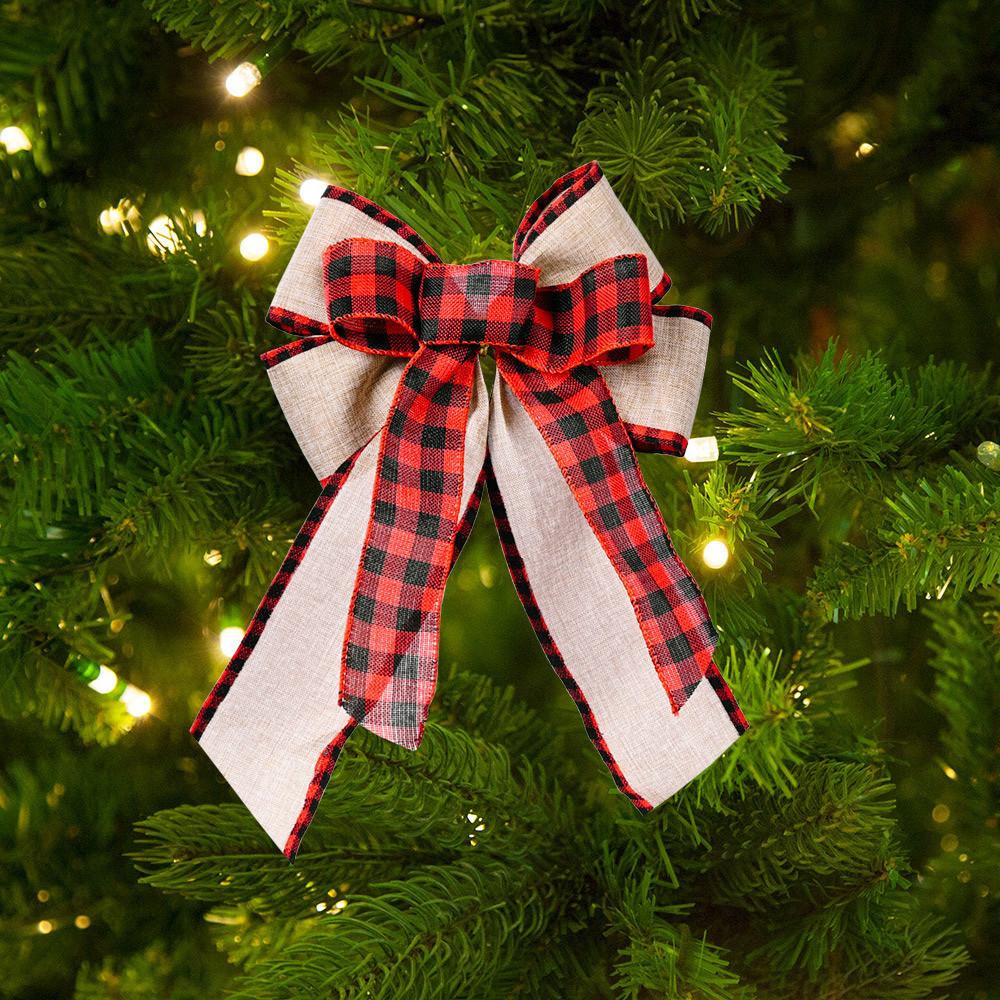 Christmas Bow With Checkered Edges And Ribbon For Festive Tree Decoration