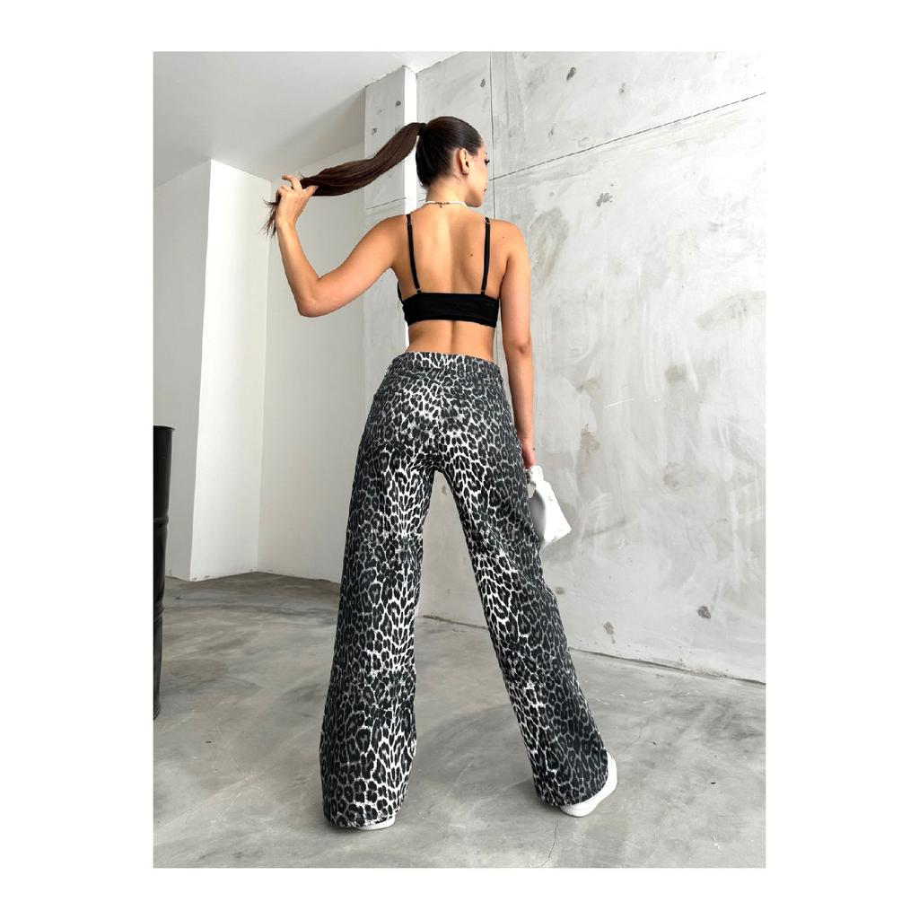 Women's Leopard Patterned High Waist Wide Leg Lycra Palazzo Pants