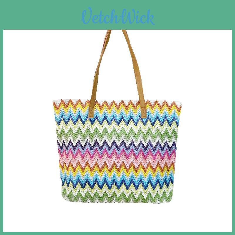 Wavy Woven Handbag With Double Shoulder Straps And Interior Storage For Summer Travel