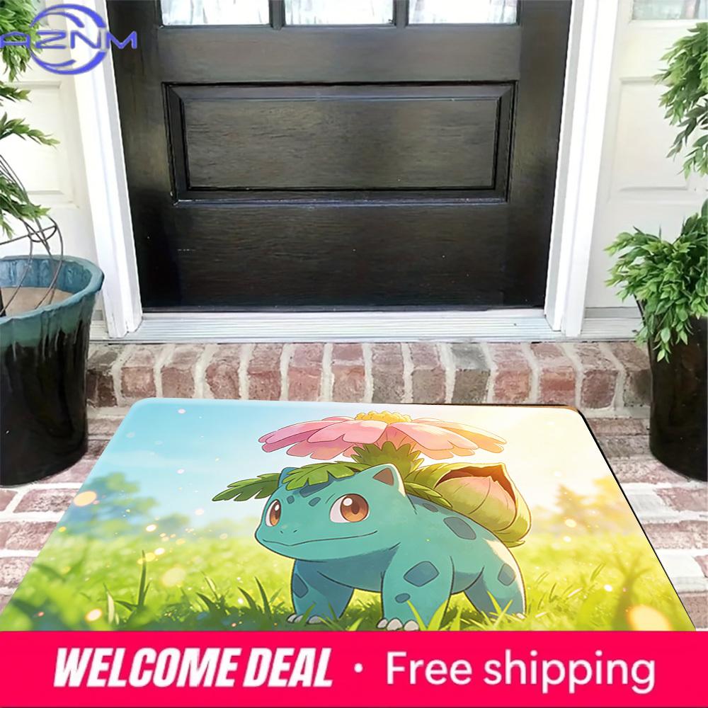 Cute Bulbasaur with Pink Flower on Back Print Non-slip Doormat, Soft Absorbent Floor Rug for Home Decor