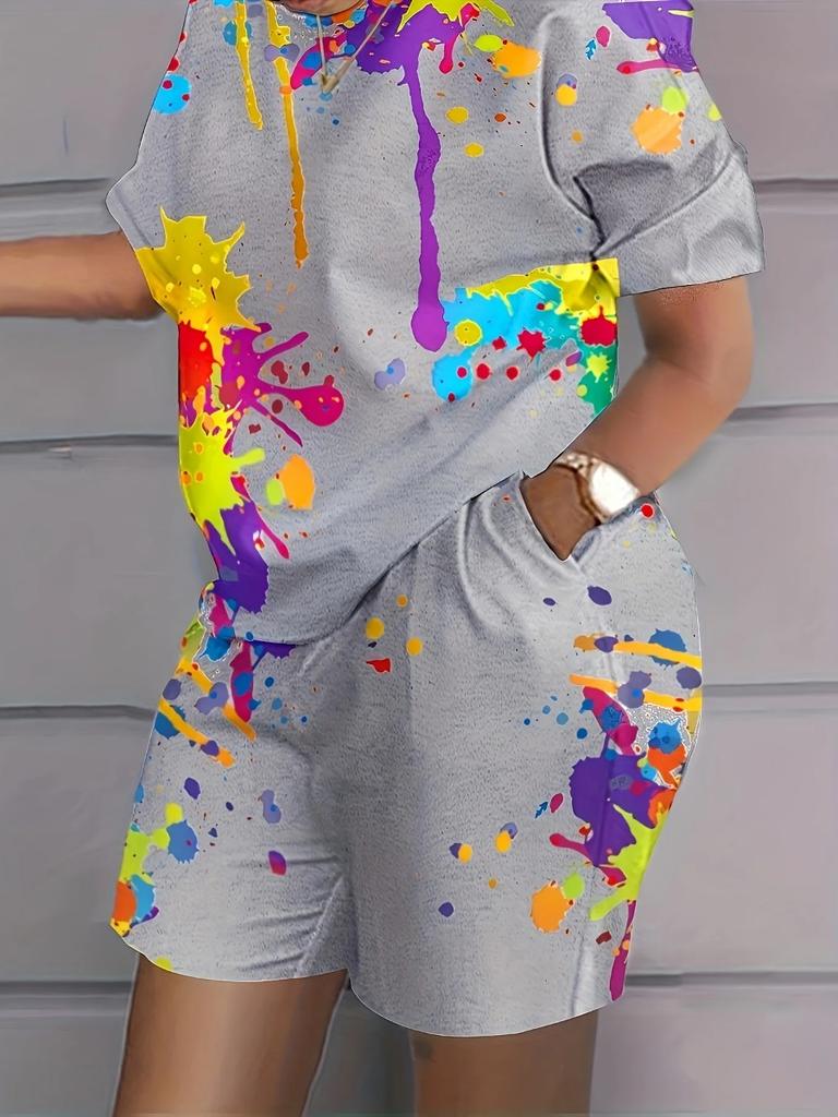 Летние красочные принты женские комплекты из двух частей повседневные футболки с коротким рукавом и круглым вырезом и шорты домашняя одежда шорты с коротким рукавом из двух частей
