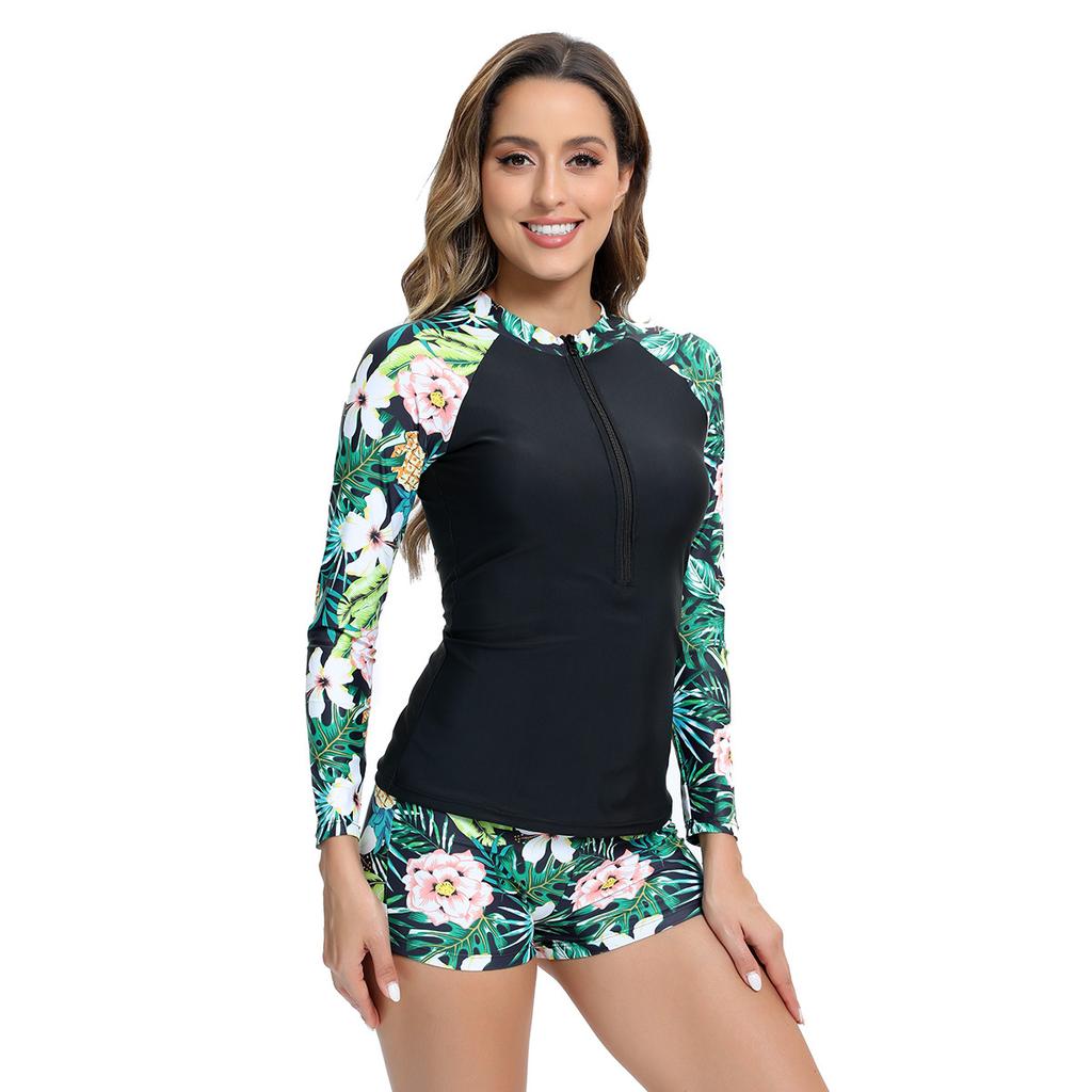 European and American printing color matching long-sleeved sunscreen split swimsuit front zipper surf suit flat angle two-piece women's wetsuit