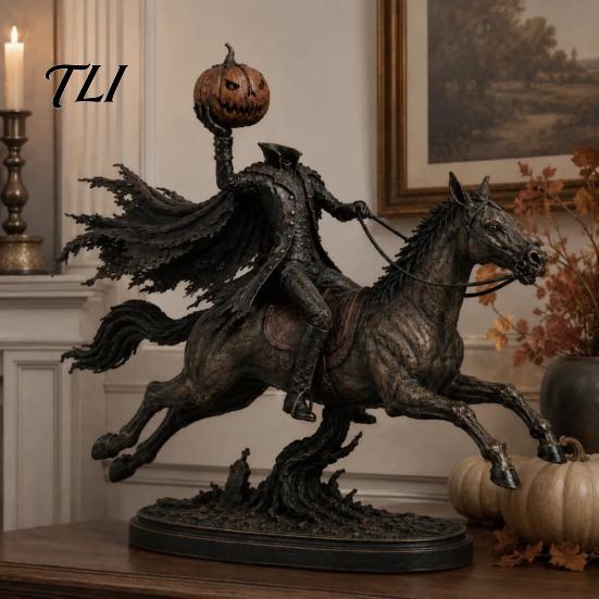 Атмосферный реквизит для Хэллоуина: Рыцарь на лошади с светящейся тыквенной головой, фигурка из смолы, декоративный аксессуар для полки игровой комнаты, освещенная лошадь