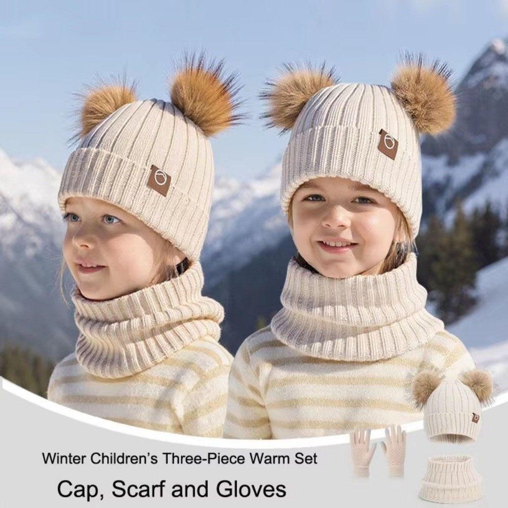 3Pcs/ Set Knitted Cap Kids Hat Scarf Gloves Set Pompom Knitted Hats Snow Activities