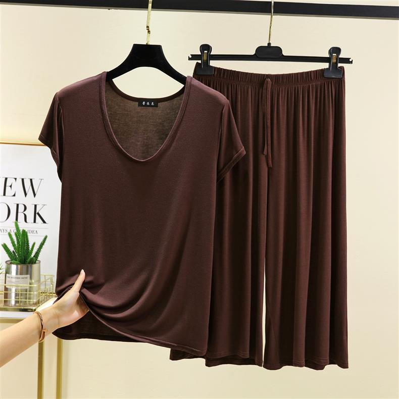 Женский повседневный комплект из двух предметов: Модальная футболка с U-образным вырезом и брюки с высокой посадкой, завязкой на талии и широкими штанинами