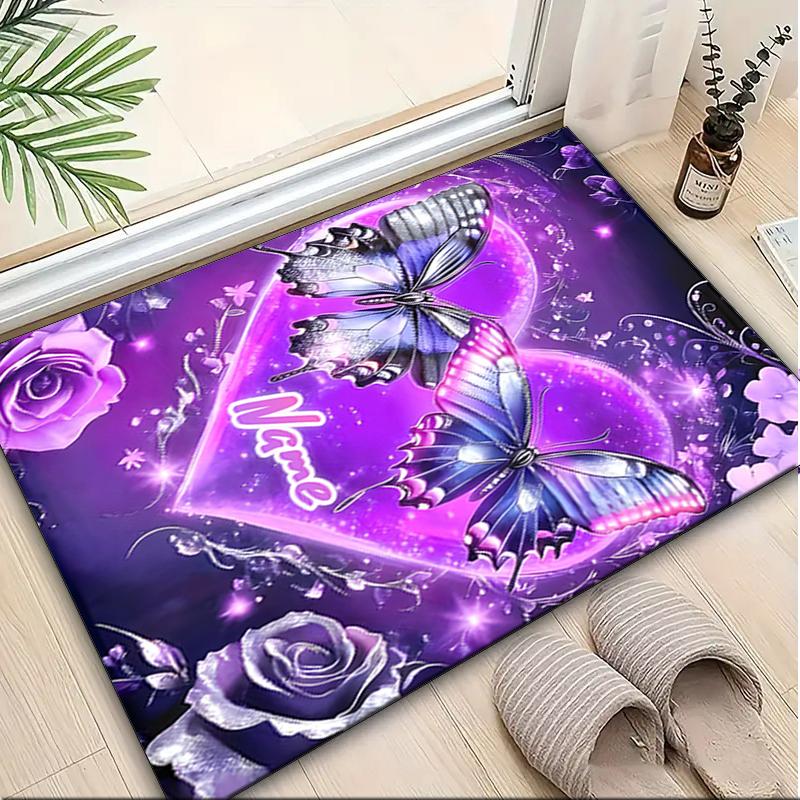 1PC Custom Name Purple Heart Butterflies Theme Floor Mat Ideal for Living Room, Game Rooms, Office, Bedroom,Floor Mat Playful Design
