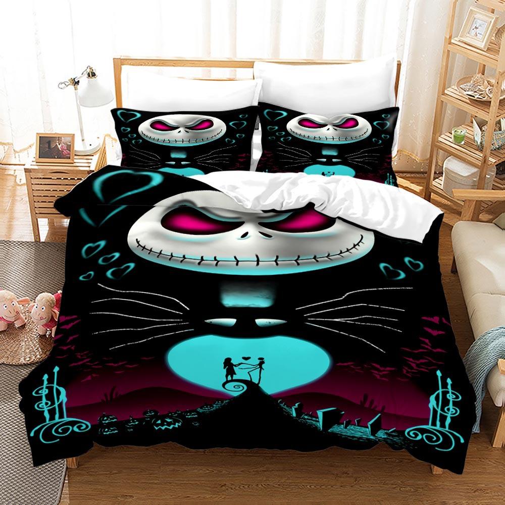 3pcs Queen Size Duvet Cover Sets, Nightmare Before Christmas Jack and Sally Rose Decor Bedding Set 2/3pcs Polyester Quilt Cover
