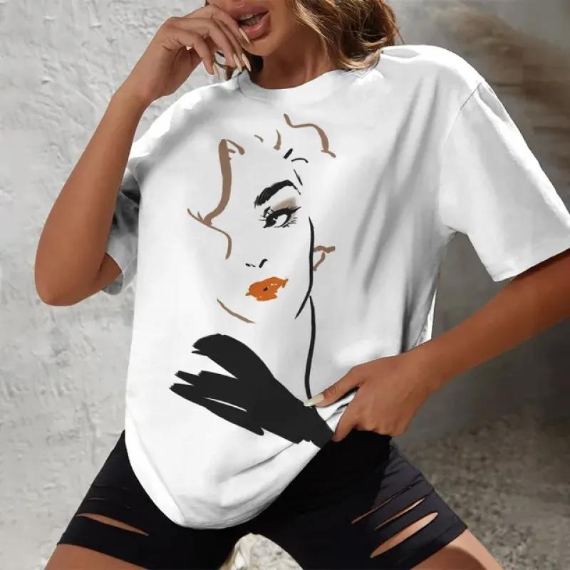 Летняя уличная повседневная и удобная повседневная женская футболка 2024 года, минималистичная футболка с круглым вырезом и короткими рукавами с принтом и портретом