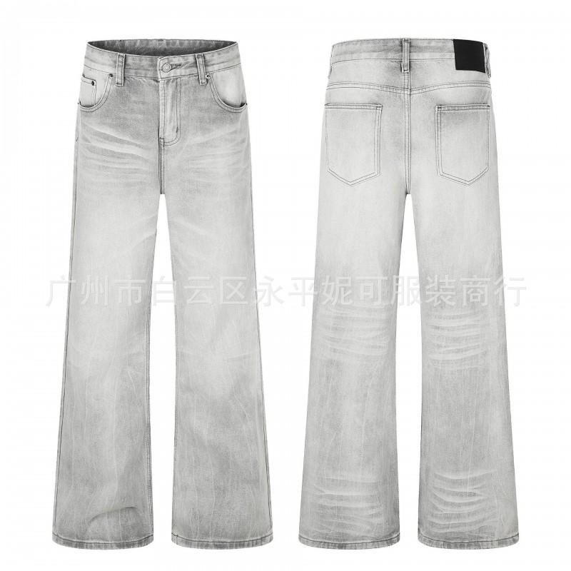Mens Distressed Straight-Leg Flared Jeans With Whiskering Mid-Rise Cotton Denim Washed Vintage Streetwear Style
