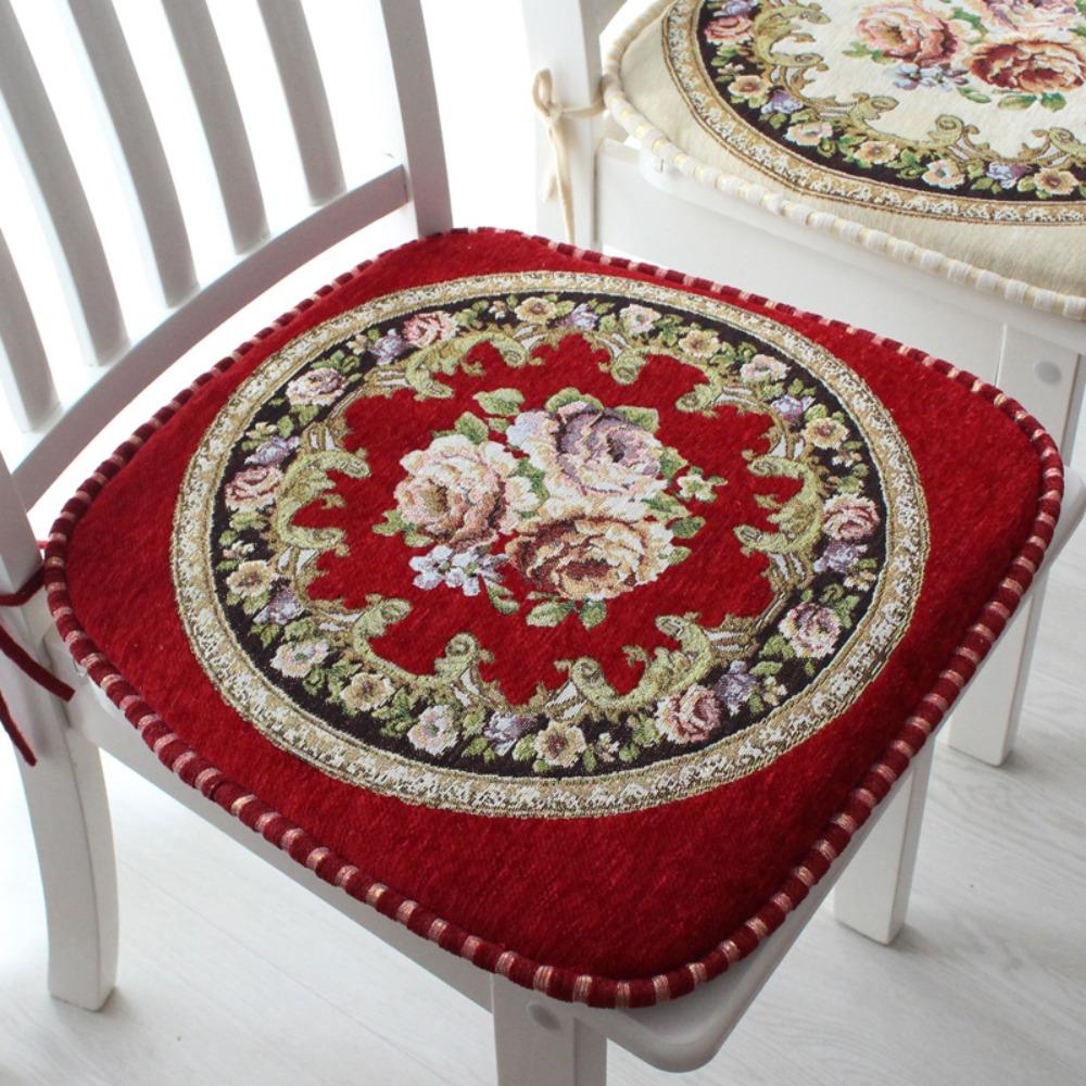 Floral Pattern Dining Chair Cushion Chenille Buttocks Pad Embroidered Chair Mat  Office Classroom
