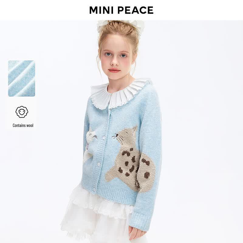 MINIPEACE Girls' Cat Jacquard V-Neck Cardigan