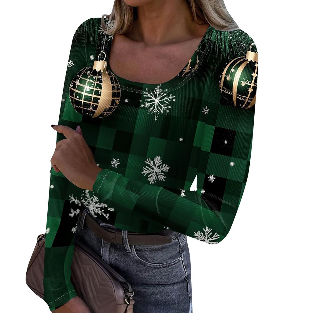 Женская мода Slim Bottom Casual с длинным рукавом и рождественским принтом пуловер с U-образным вырезом