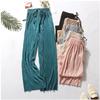 Women Fashion Summer Wide Leg Pants Pleated Ice Silk Trousers Elastic Waist Loose Casual Pants