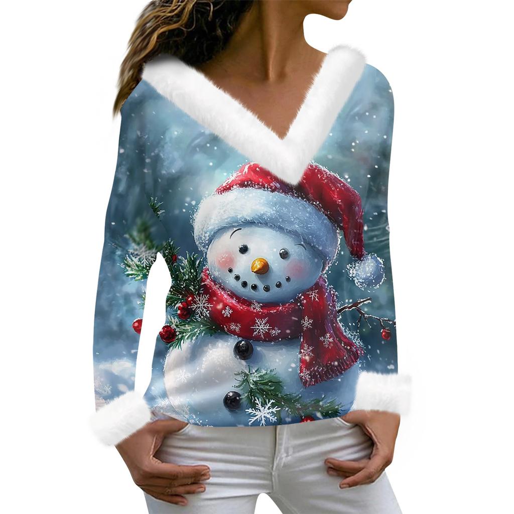 Женская футболка с рождественским принтом, длинный рукав, флисовый воротник, V-образный вырез, футболка