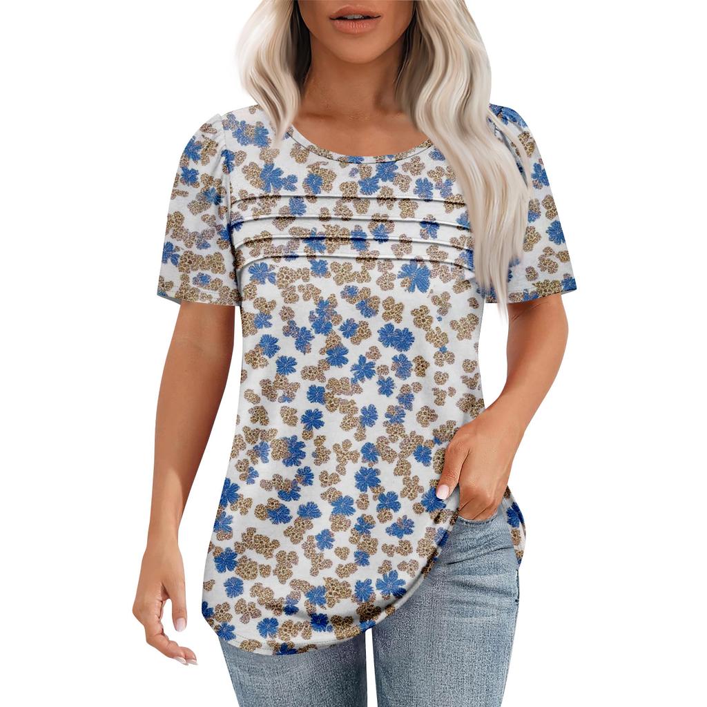 Ladies' Fashionable Printed Round Neck Pleated Short Sleeved Shirt
