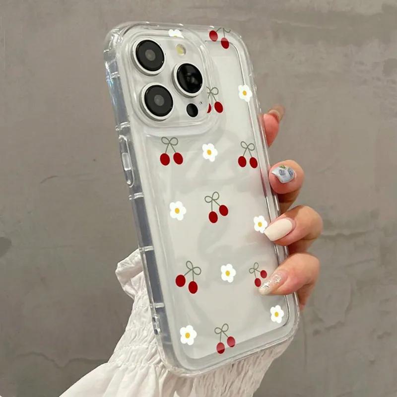 Cute Cherry & Daisy Pattern Phone Case For 14 Cases 11 Lite 5G 13T 13 12T 12X 12 Poco X6 X5 X3 Pro Airbag Cover