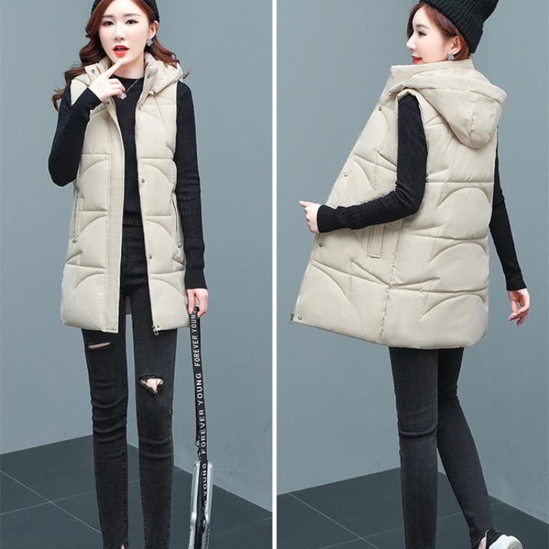 Осенне-зимняя женская однотонная свободная утолщенная теплая жилетка без рукавов средней длины с капюшоном, женская куртка