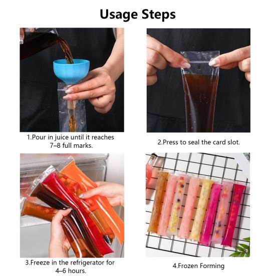 100 шт. DIY пакеты для мороженого с воронкой, zip-застежкой, пищевой ПП, формы для ледяных эскимо, легкое наполнение, пакеты для заморозки молочных коктейлей, для сока, йогурта, смузи