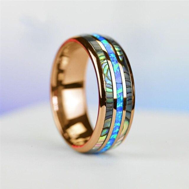 Fashion 8mm Rose Gold Tungsten Wedding Men Stainless Steel Rings Inlay Abalone Shell Blue Opal Rings Men Wedding Band Jewelry