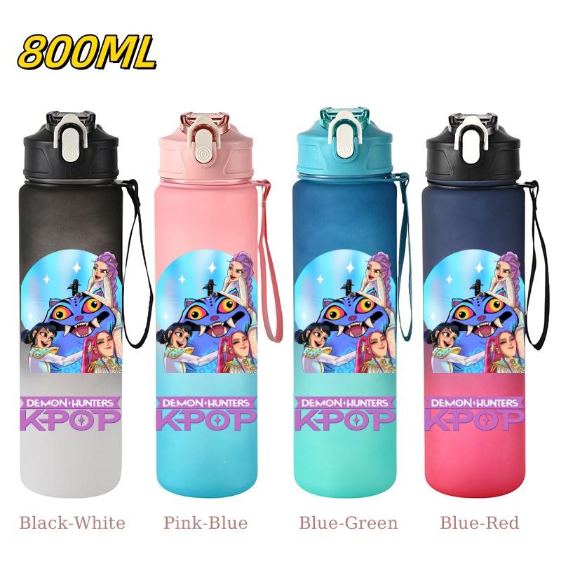 800ML KPop Demon Hunters Gradient Cartoon Pattern Big Capacity Straw Water Cup Outdoor Portable Sports Drink Bottles Travel Mug