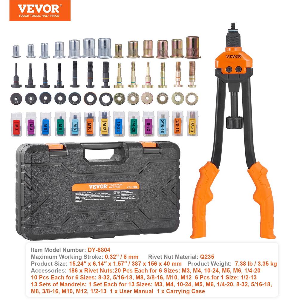 VEVOR Rivet Nut Tool, 40.6 cm Rivnut Tool Kit with 13PCS Metric and SAE Mandrels, 186PCS Rivet Nuts, M3, M4, 10-24, M5, M6, 1/4-20, 8-32, 5/16-18, M8