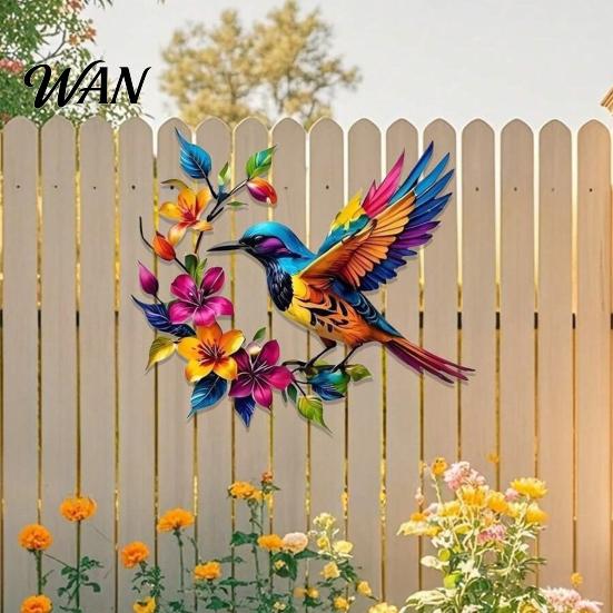 Patio Wall Decoration Hummingbird Bloom Metal Art Colorful Floral Bird Decor Iron Rust-resistant Outdoor Hanging Sculpture for Indoor Garden