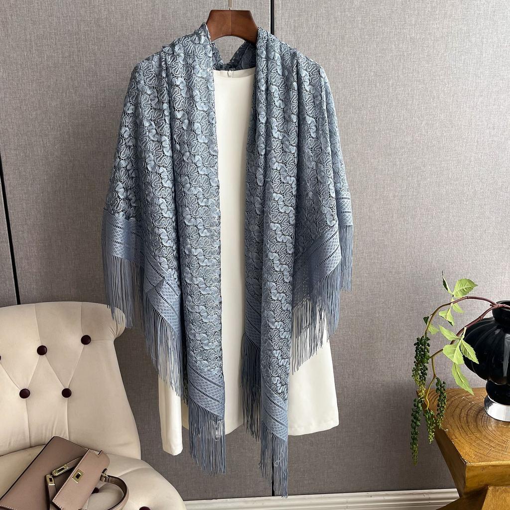Летний кружевной вязаный ажурный шелковый шарф-шаль, длинный с тонким шарфом-накидкой