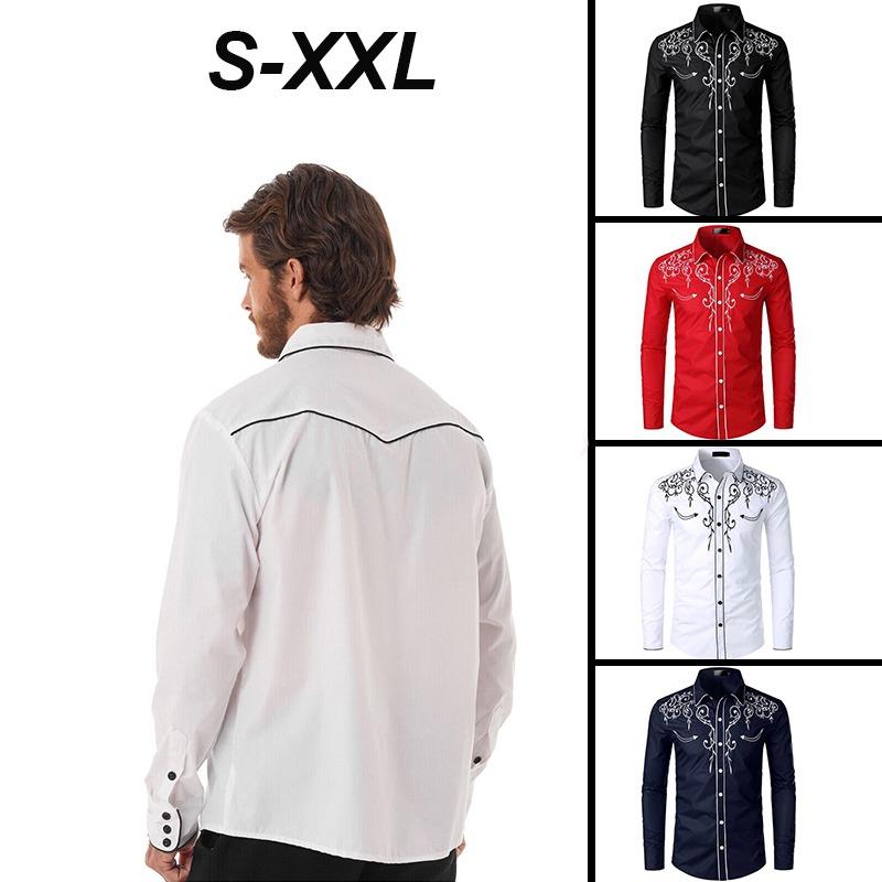 Mens Western Cowboy Shirt Long Sleeve Retro Embroidery Casual Buttons Down Shirt