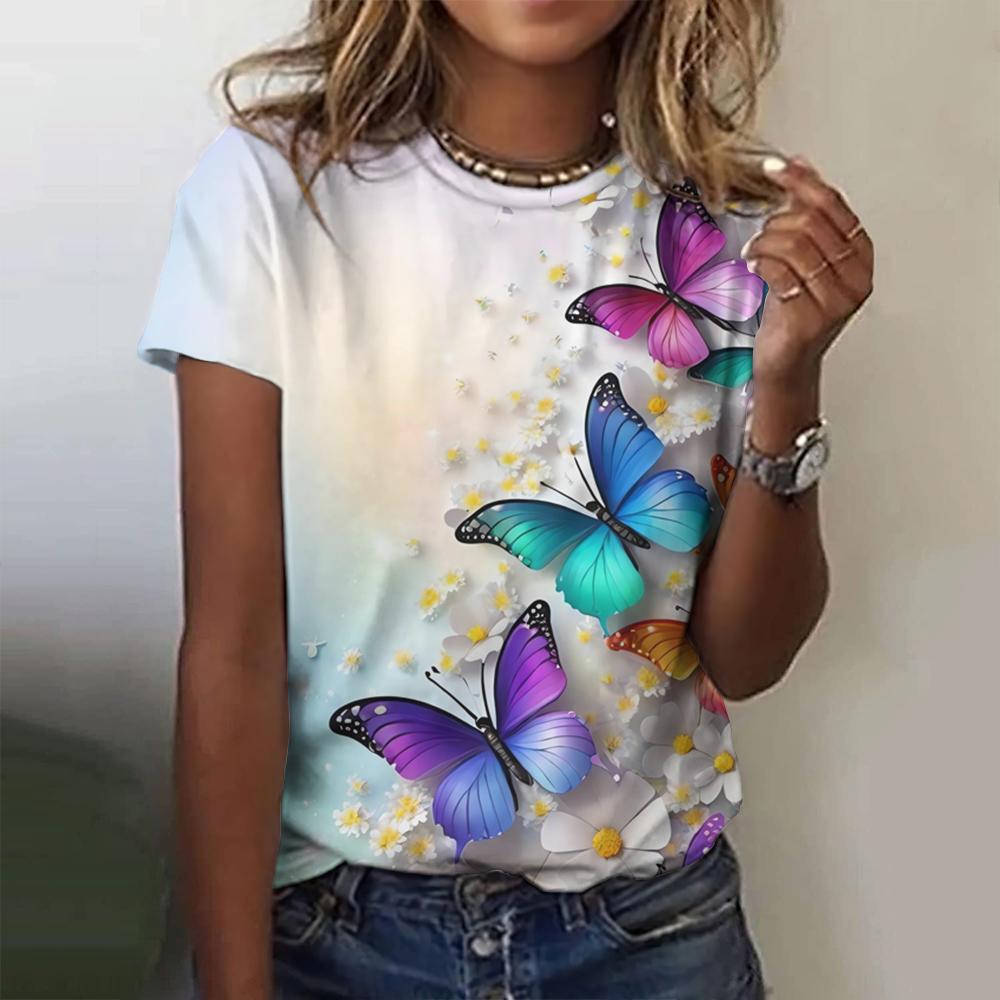 2024 Fashion Woman T Shirt 3d Butterfly Print Crew Neck Short Sleeve Tee Luxury Female T-Shirts Oversized Y2k Clothing For Girls