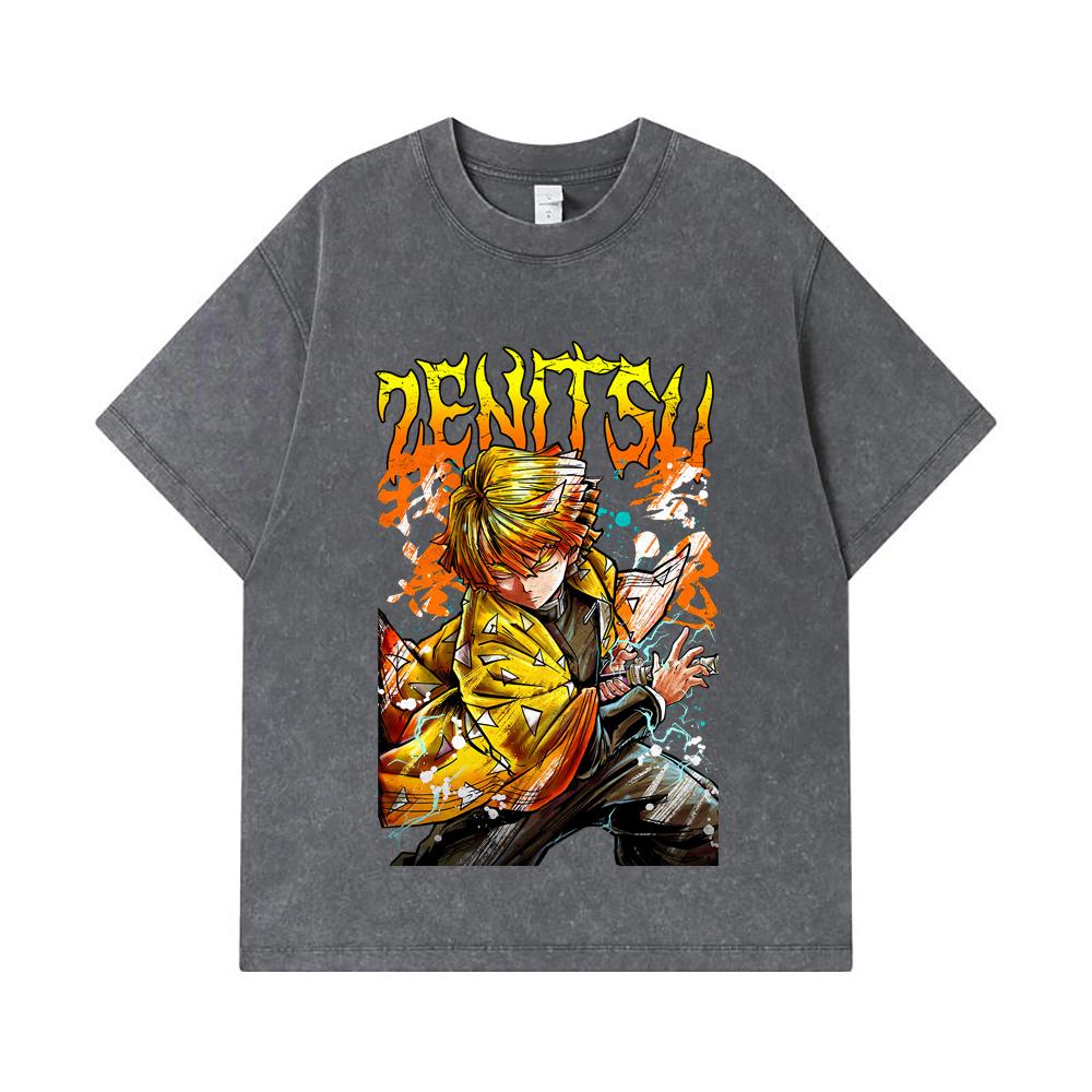 275 GSM Washed T-shirts 100% Cotton Demon Slayer V87 Zenitsu Print Unisex Heavy Cotton T Shirt
