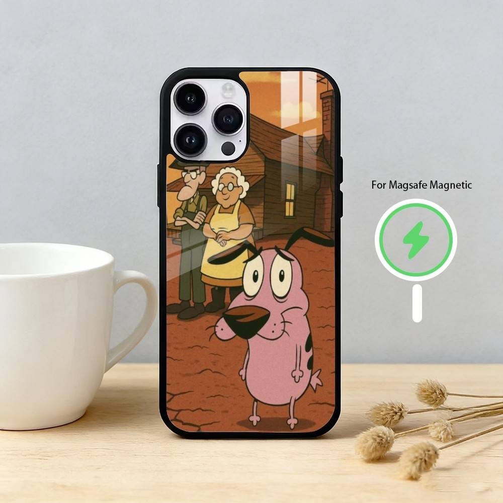 Мультяшный чехол для телефона C-COURAGE Собака-Трусишка D-Dog для iPhone 17 16 15 14 13 12 Pro Max Plus с зеркальной беспроводной магнитной крышкой