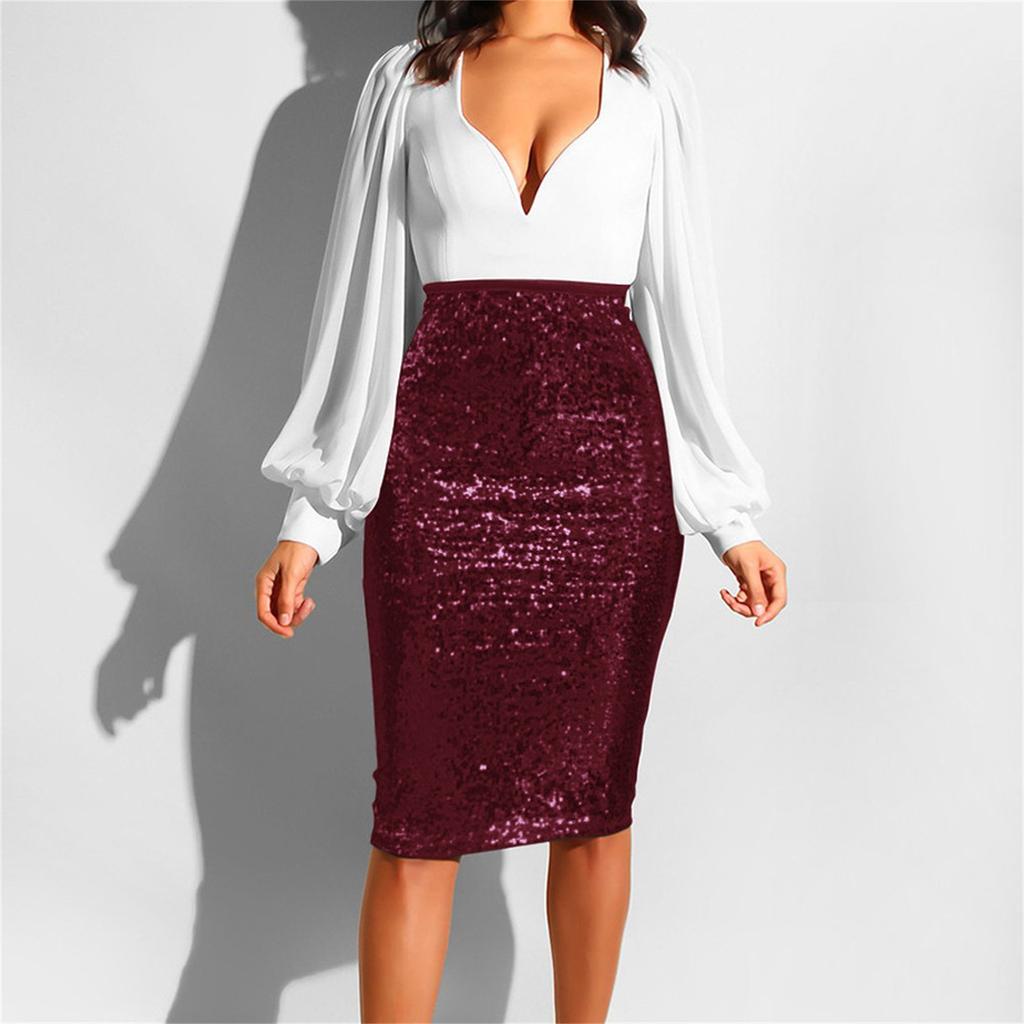 Women Fashion Solid Slim High Waist Push Up Hip Pencil Zipper Sequin Skirt