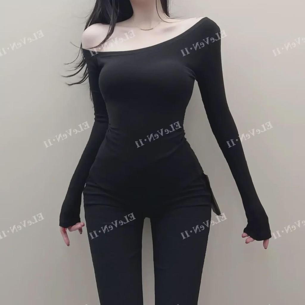 Корейский стиль Сексуальная футболка с открытыми плечами Slim Fit с длинным рукавом для осени/зимы