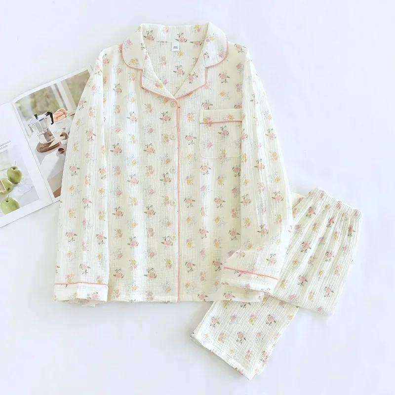 Новый женский пижамный комплект весна-осень 100% креп длинные рукава брюки отложной воротник принтованный кардиган домашняя одежда